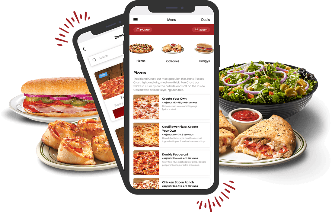 LaRosa's app and collage of meals.