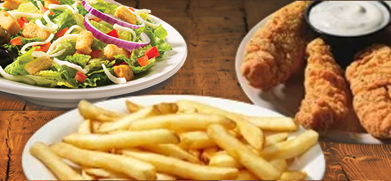 Small chicken tenders, french fries and small garden salad