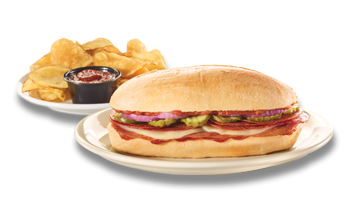 A plate with a hoagy and a plate with chips.